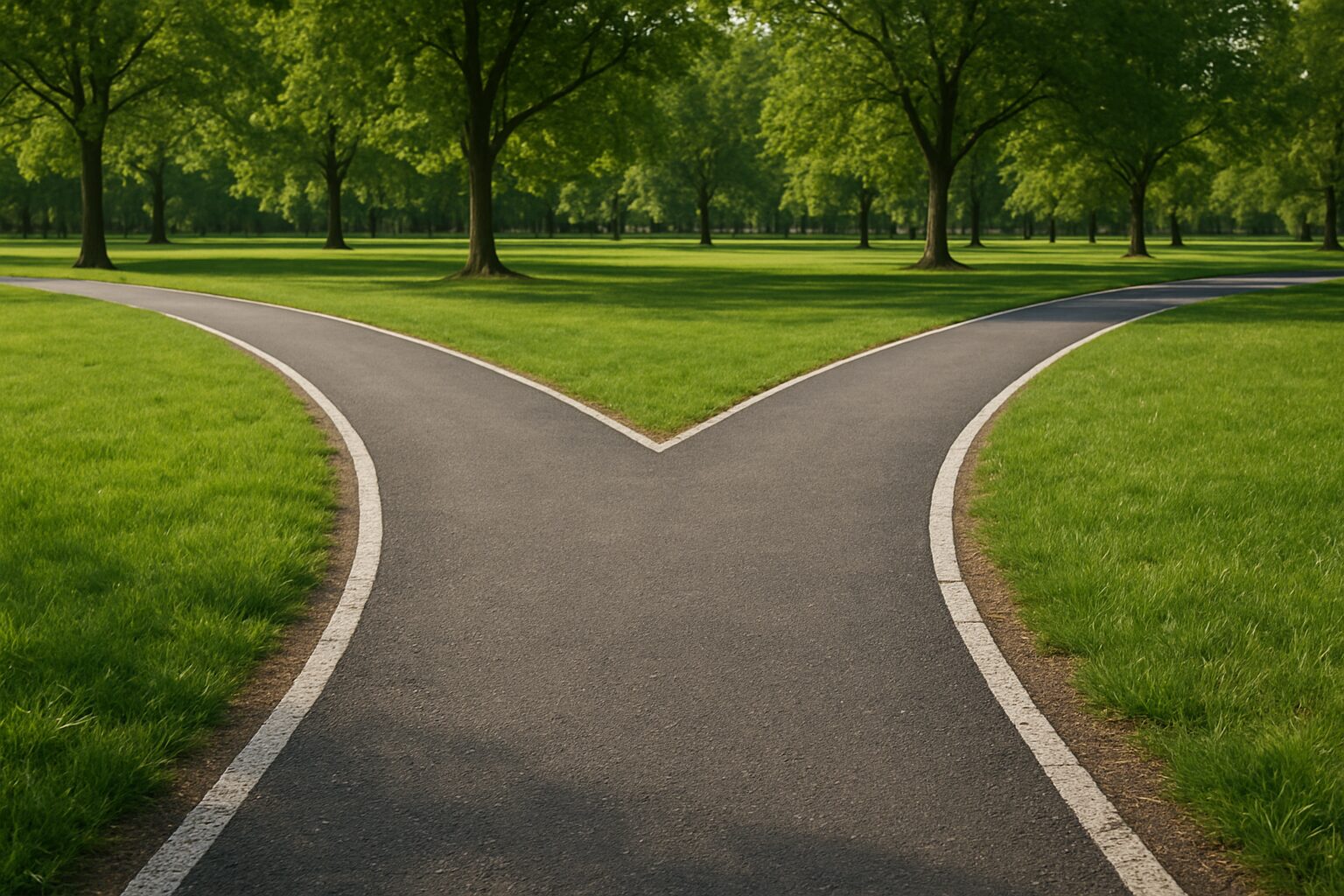 A fork in the path surrounded by lush greenery in a park.