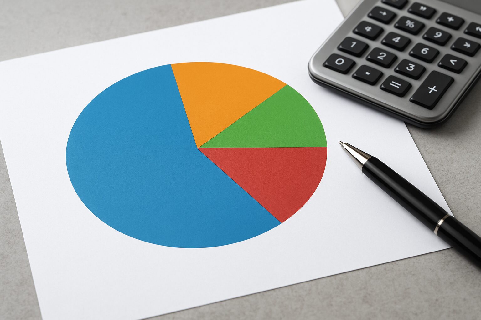 a colorful pie chart on paper accompanied by a calculator and a pen