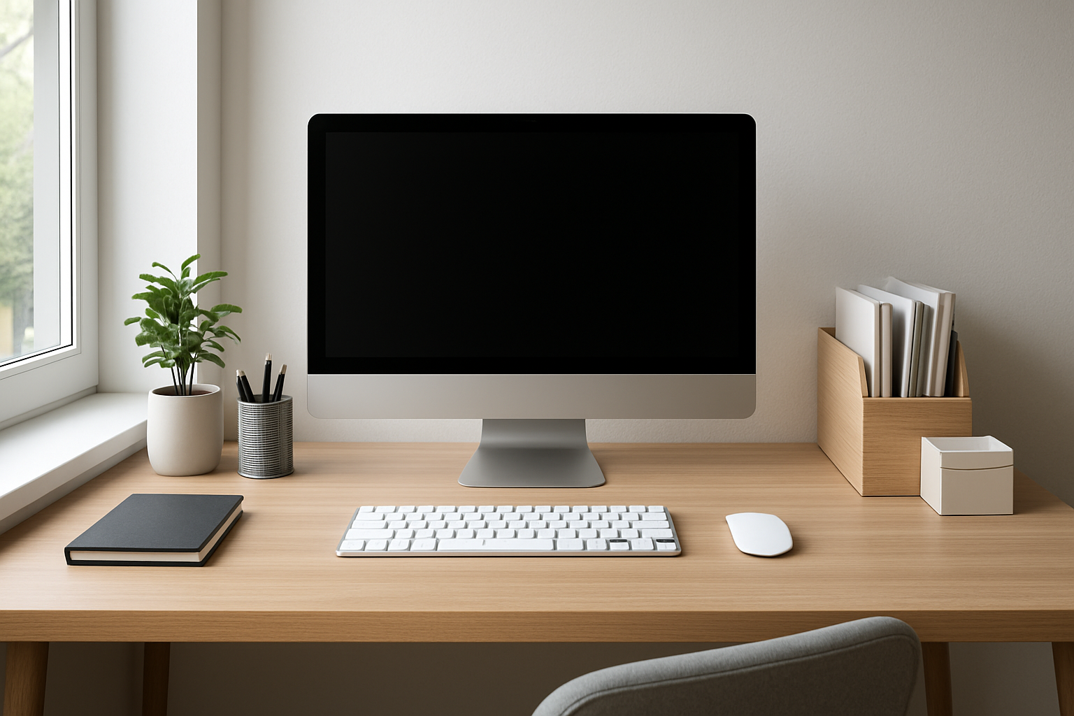 A minimalistic desk setup featuring a computer, stationery, and small plants